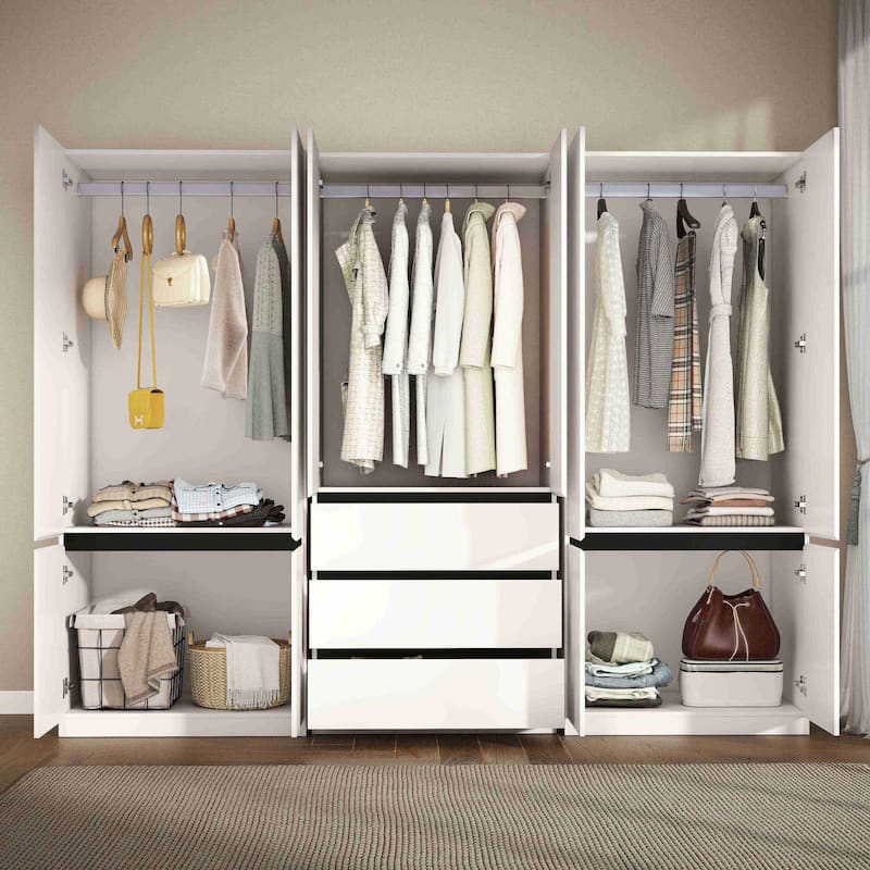 Large Modular Freestanding Armoire With 3 Drawers, Clothes Organizer Closet with Storage Shelves