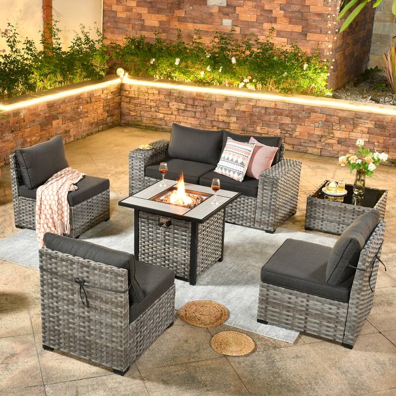 OVIOS Patio Wicker Furniture Wide Arm 7-piece Fire Pit Set with Table - Black