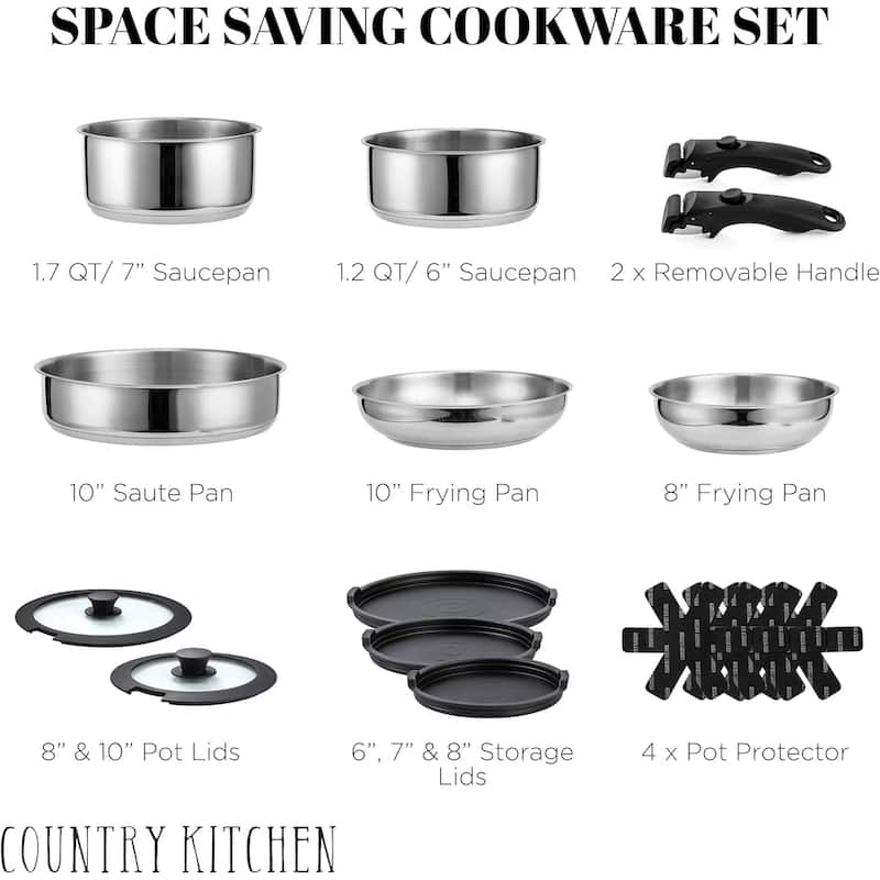 Country Kitchen 16 Piece RV Cookware Set Ceramic with Removable Handle Oven Safe.