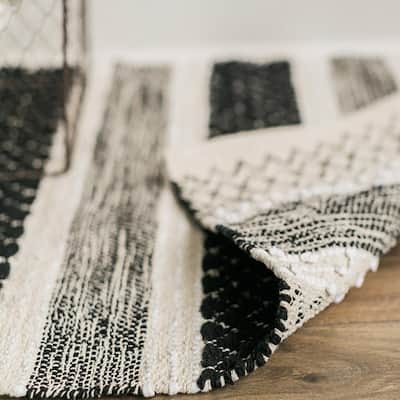 Woven Black, Beige And White Striped Cotton Rug - 2' x 3'