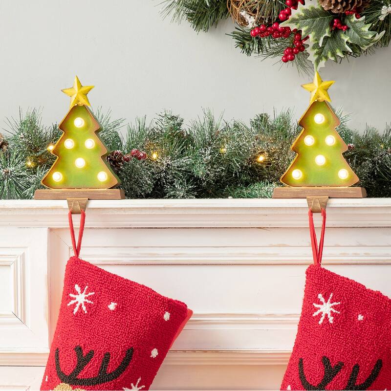 Glitzhome Marquee LED Cartoon Tree Snowman Christmas Stocking Holders Mantel Ornament - 2PK Tree