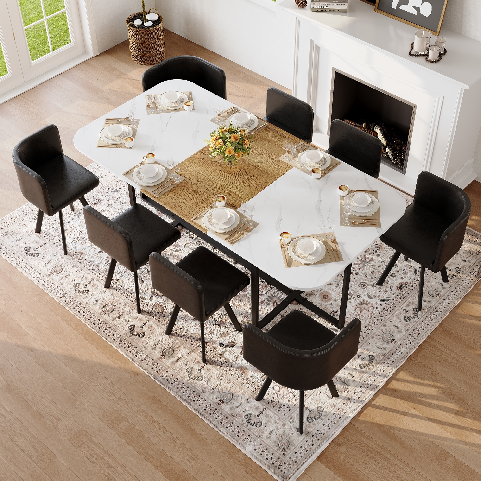 9-Piece Dining Table Set with 8 Black Faux Leather Chairs