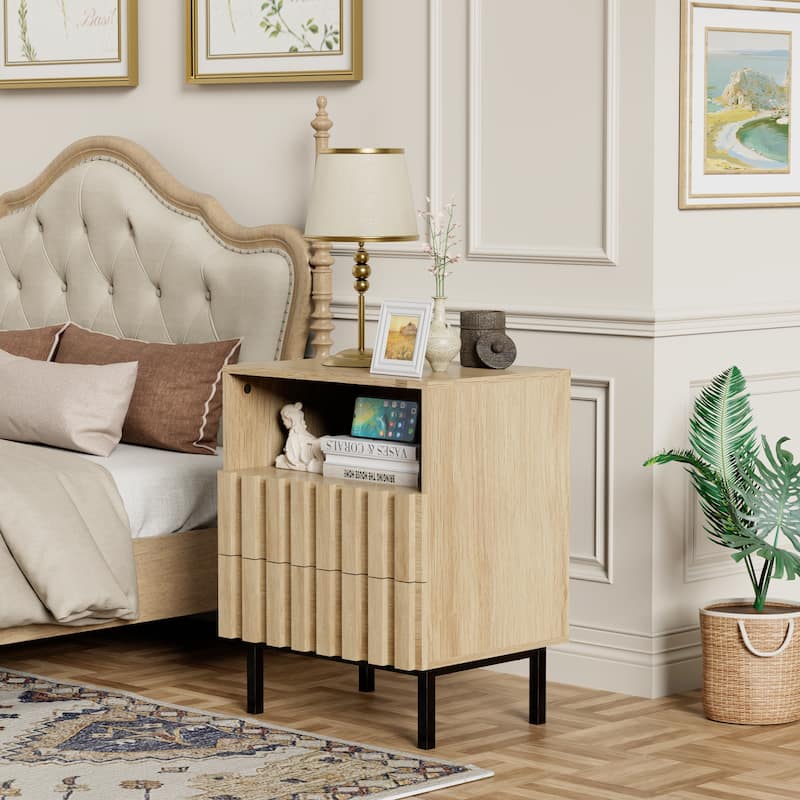 Mid Century Nightstand 2 Drawers & Storage Space Accent End Table Bedside Table - 2PCS-Light Natural