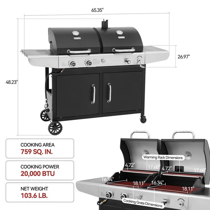 Royal Gourmet 2-Burner Gas and Charcoal Combo Grill with Cover, black