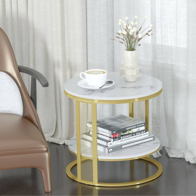 2 Tier Marble End Table Sofa Side Decorative Round Coffee Table - 21.7x20.1x20.3 inch