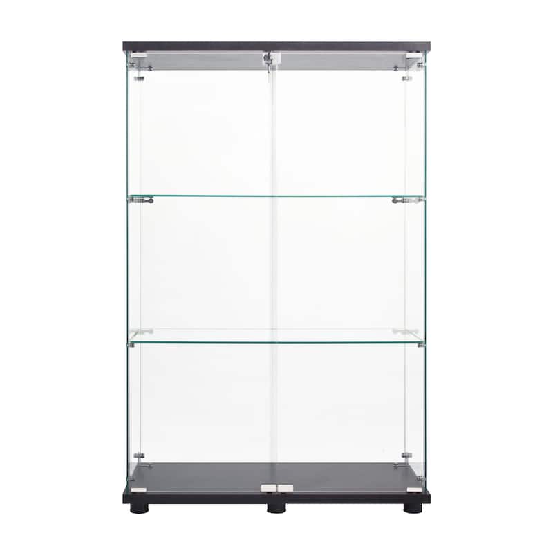 Two Door Glass Cabinet Glass Display Cabinet with 3 Shelves, Black - Black