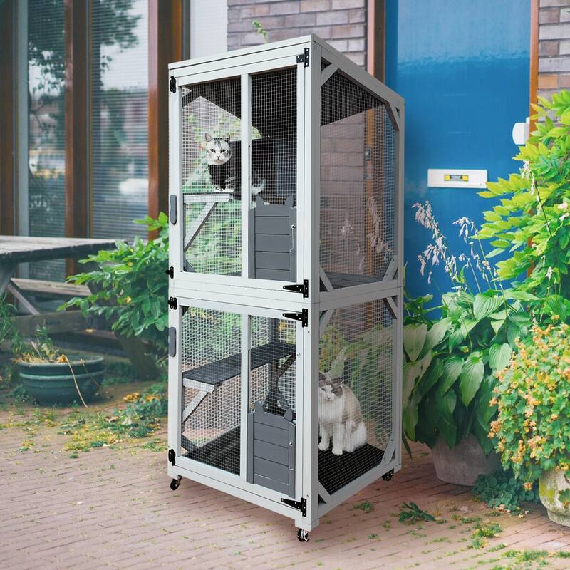 30.7" Wooden Catio Outdoor Cat Enclosure,Luxury Cat House on Wheels with Napping House,4 Platforms & Weatherproof Asphalt Roof