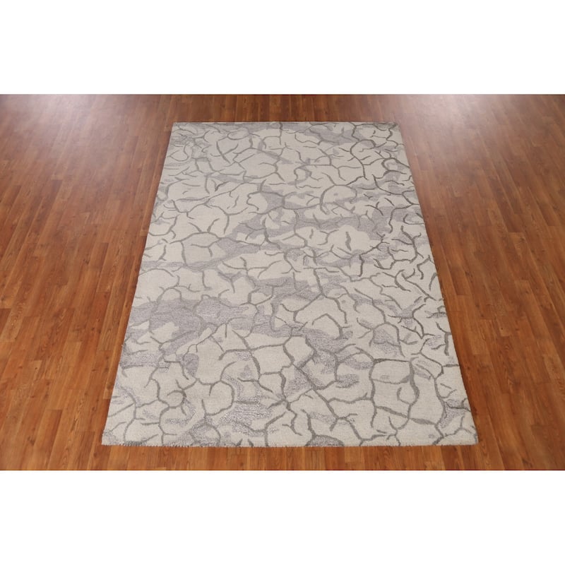 Abstract Modern Indian Area Rug Handmade Beige Wool Carpet - 5'3" x 7'7"