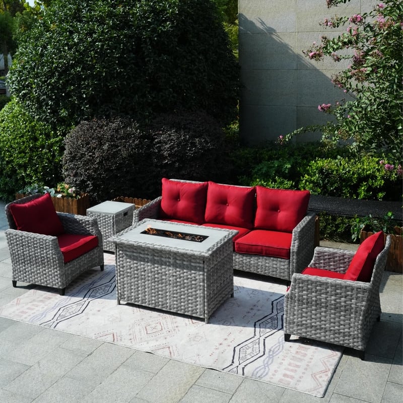 5-Piece Patio Wicker Sofa Set with Firepit Table and Rain cover