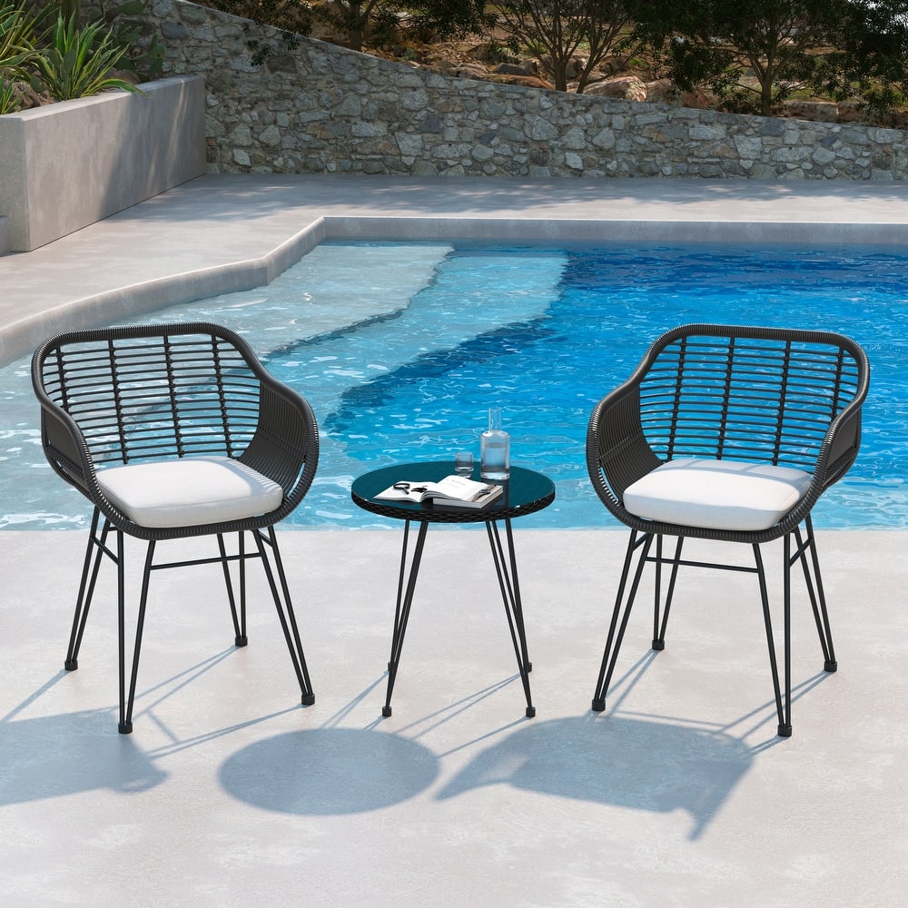 3-piece Outdoor Wicker Rattan Cushioned Bistro Set With Table