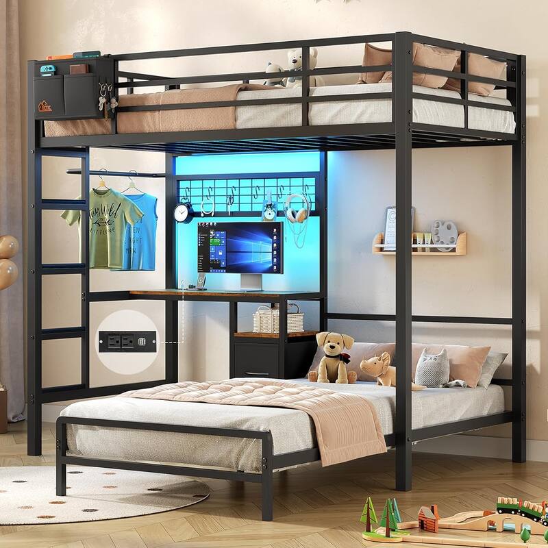 Bunk Bed Twin Over Twin Size with Desk Charging Station L-Shaped Metal - Grey