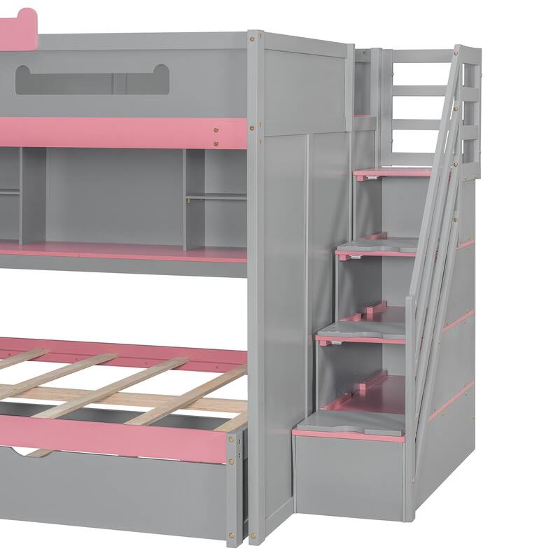 Full Over Full Bunk Bed with Twin Trundle, Staircase, Kids Loft Bed with Storage, LED Lighting, Space-Saving Wood Bed Frame