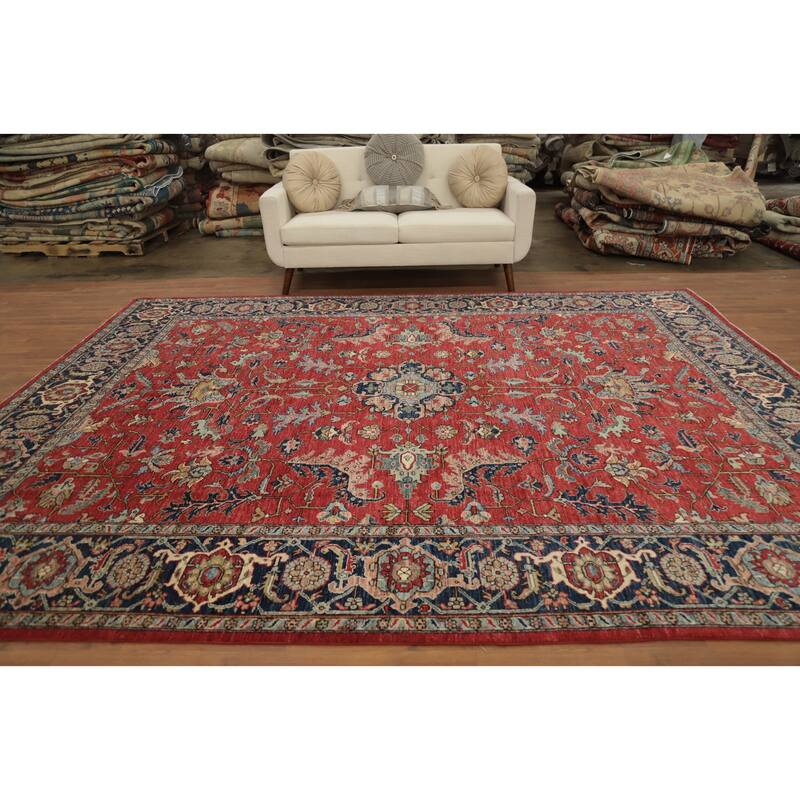 Hand Knotted Oriental 100% Wool Carpet Traditional All-Over Red Ziegler Area Rug - 11' 6'' X 9' 0''