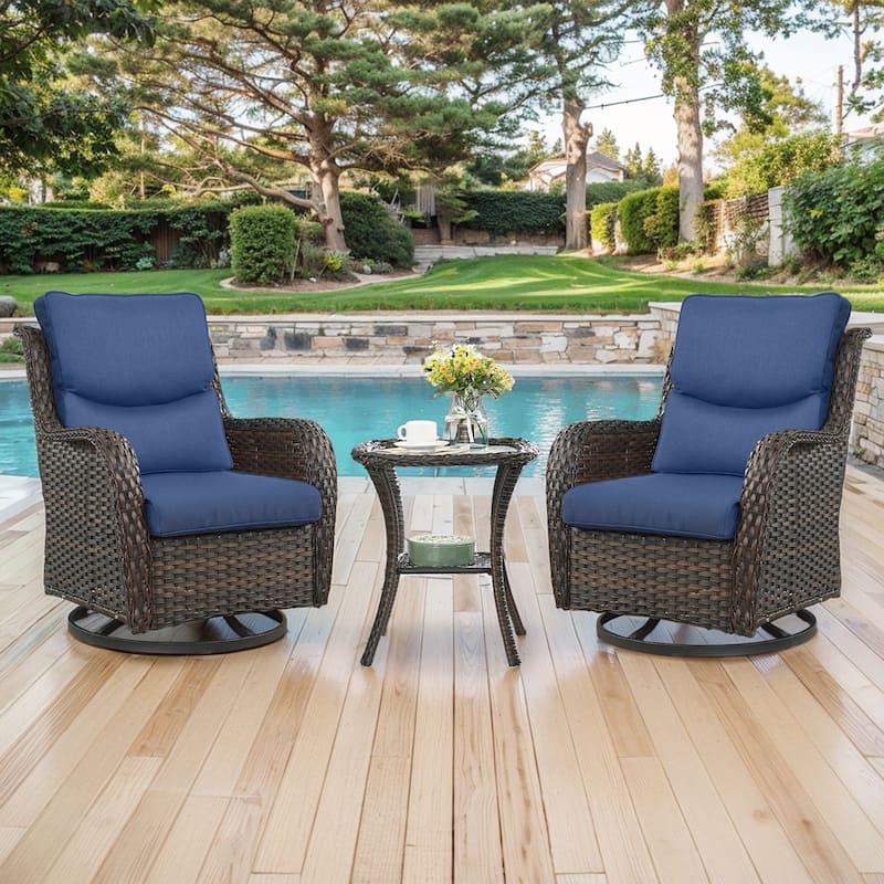 Outdoor Gliders Swivel Chairs Patio Chairs with 5-Inch Thick Cushions - Brown Rattan - Blue Cushion - 3PCS Swivel Chairs with Table