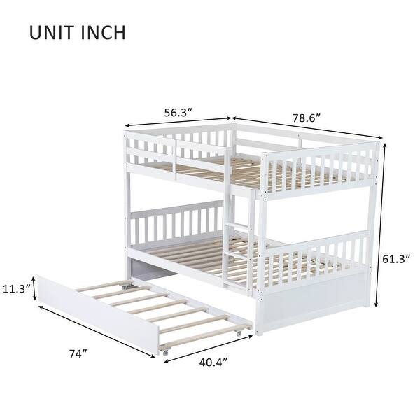 dimension image slide 1 of 3, Full Over Full Rubber Wood Bunk Bed with Trundle(Twin),Convertible to 2 Full Size Beds