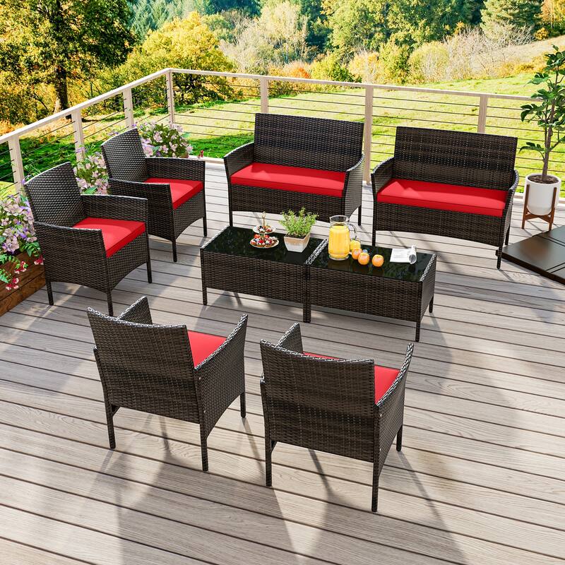 Gymax 8 PCS Patio Furniture Set w/Washable Cushions & Tempered Glass