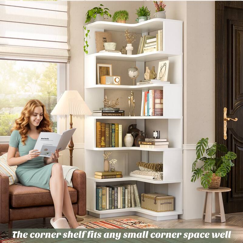 6-Tier Corner Bookcase, Freestanding Display Storage Book Shelf
