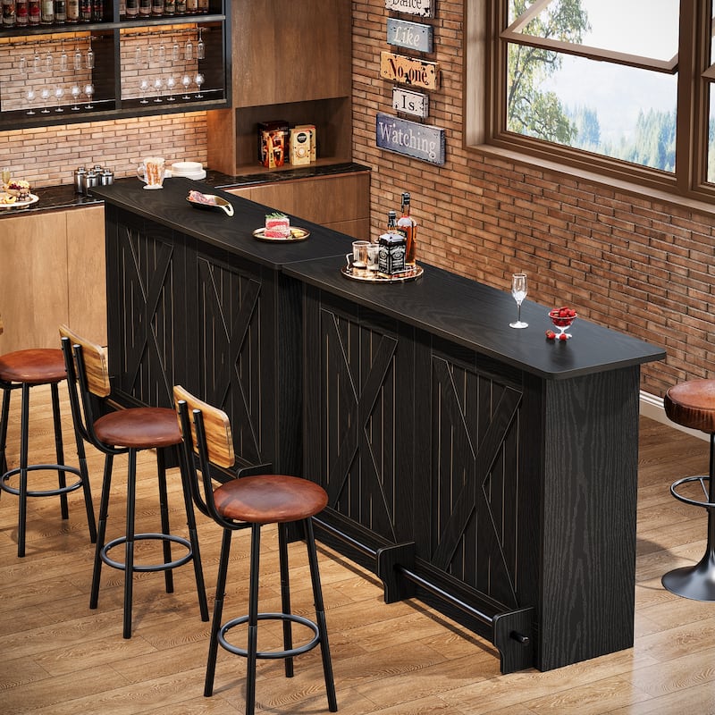 2-Tier Bar Table with Footres, Rustic Brown Bar Cabinet Height Pub - N/A