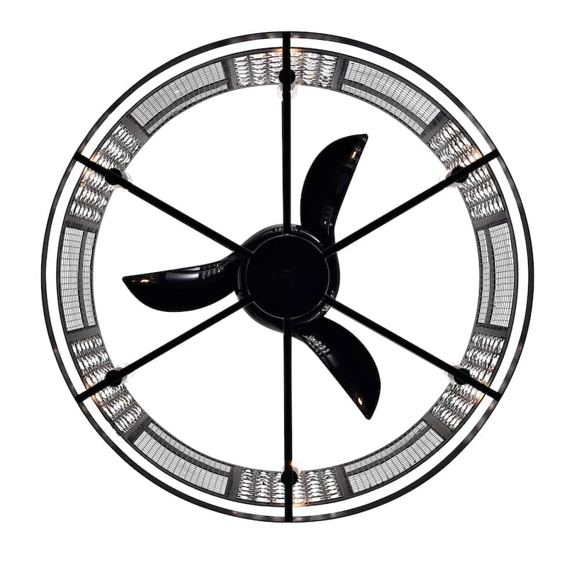 Hania Matte Black Ceiling Fan 29-Inch 6-Light Geometric Metal & Crystal Drum Shade (Includes Remote)