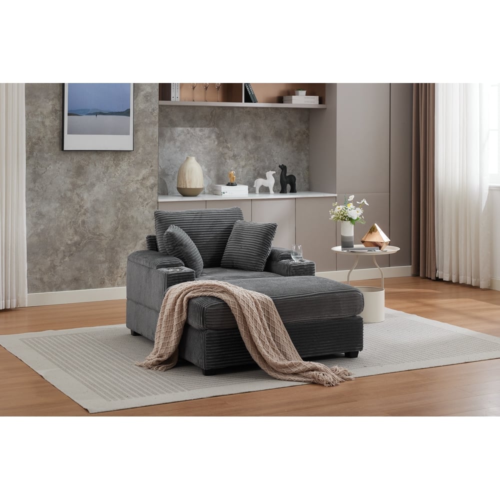 Corduroy Upholstered Chaise Lounge with Movable Ottoman, Living Room Storage Sofa Chair with Cup Holder, Detachable Cushions