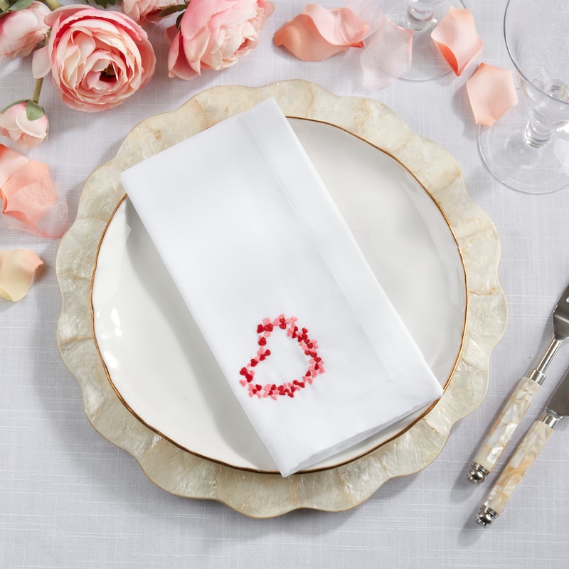 Embroidered Heart Wreath Napkins (Set of 4) - Scattered Heart Circle Motif for Romantic Tables, 20"x20"