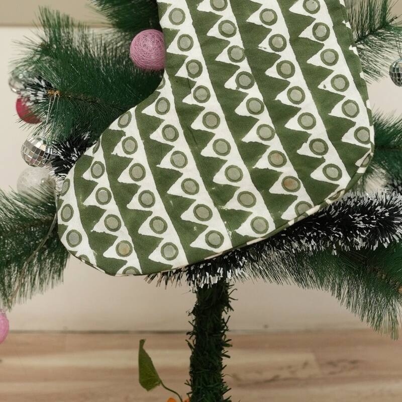 Fabdivine Linen or Cotton Hand Block Home Decorative Christmas Stockings - 16"X6.5" - Mountain Moon- Green - Christmas Stockings