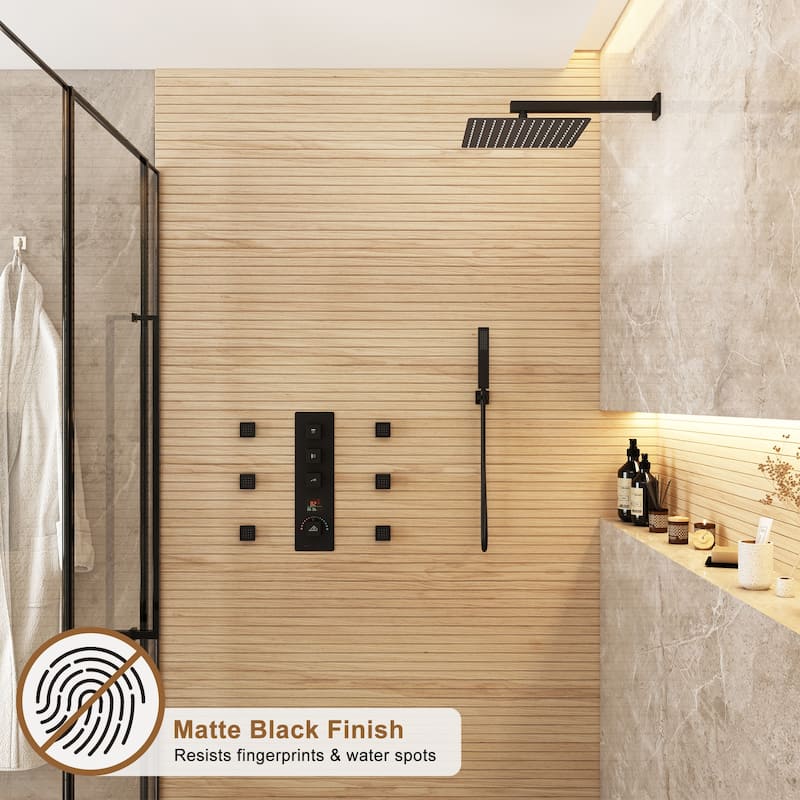 CASAINC 12 Inch Wall Mounted Square Shower Head Shower System with Handheld Shower Body Digital Display Shower 6 Body Jet