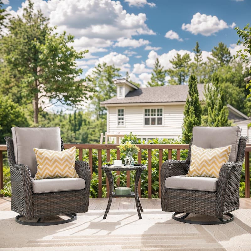 Gymojoy Wicker Swivel Glider Chair Outdoor Rocking Seating with Olefin Cushions - Brown Wicker / Beige Cusion - 3-Piece