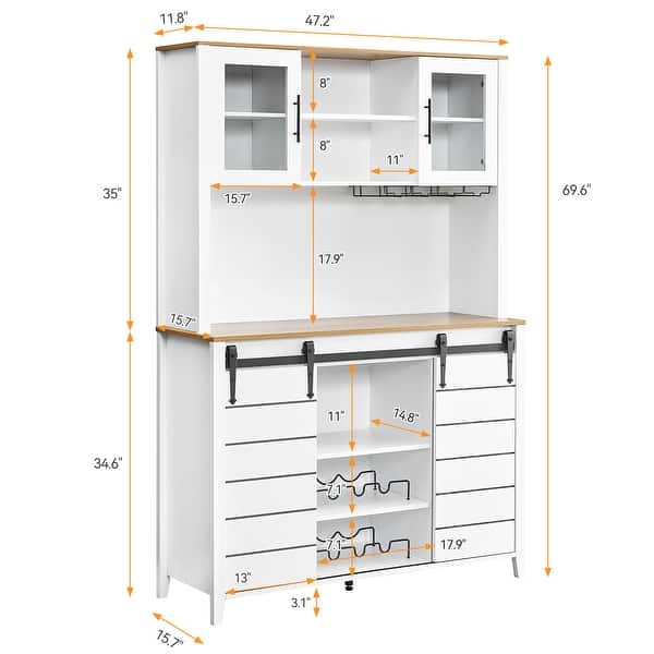 dimension image slide 2 of 4, Farmhouse Wine Cabinet Kitchen Buffet with Wine Rack - 15.7"D x 47.2"W x 69.6"H