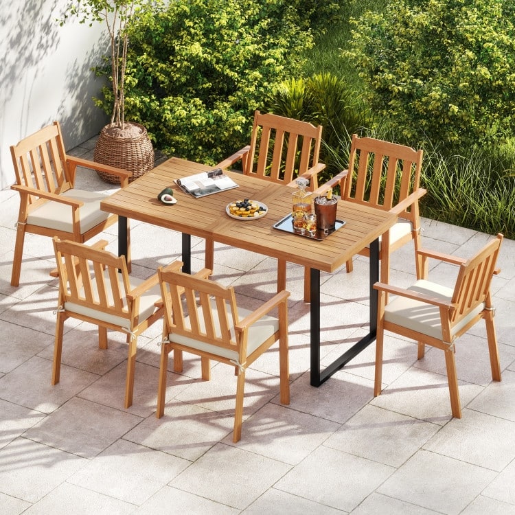 Natural-White Acacia Wood Patio Dining Chairs Set of 2 with Padded Cushions - 22.5" x 23" x 34"(L x W x H)