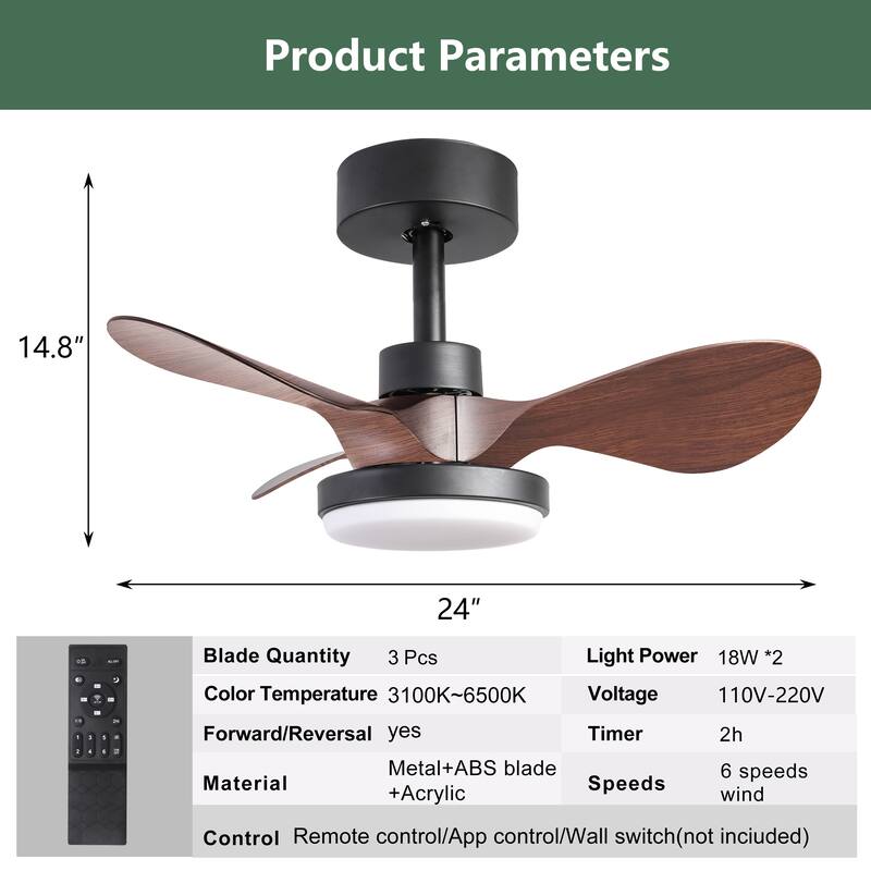 24 inch Black Small Ceiling Fan with Light Remote 6 Speed Quiet Reversible DC Motor Low Profile