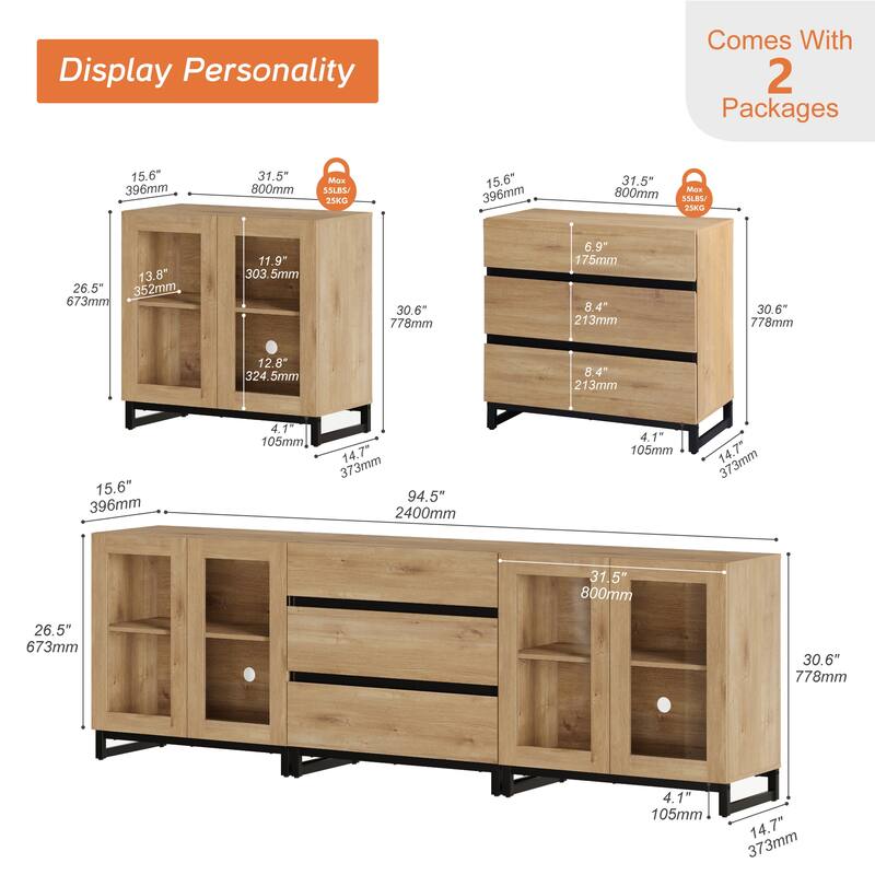 WAMPAT 3 in 1 Modern Sideboard with Glass Doors and 3 Drawers, Coffee Bar Cabinet for Kitchen