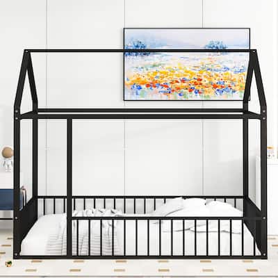 Full Size Metal Bed House Bed Frame with Fence, for Kids, Teens, Girls, Boys, Black