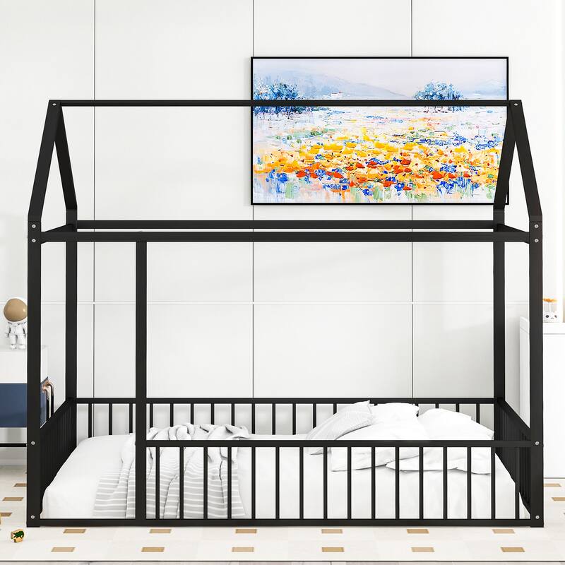 Kids' Twin/Full Metal House Bed Frame with Roof and Fence, Playful Sleep and Play Space, Sturdy Frame, Multiple Colors