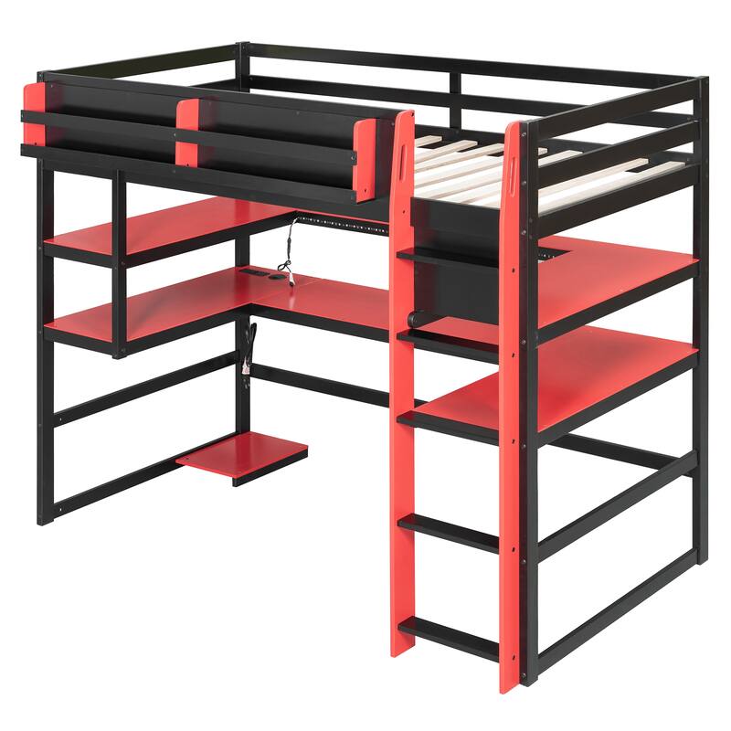 Loft Bed with Wraparound Study Hub, Side Storage Rack, USB Charging & RGB Light by Harper&Bright Designs