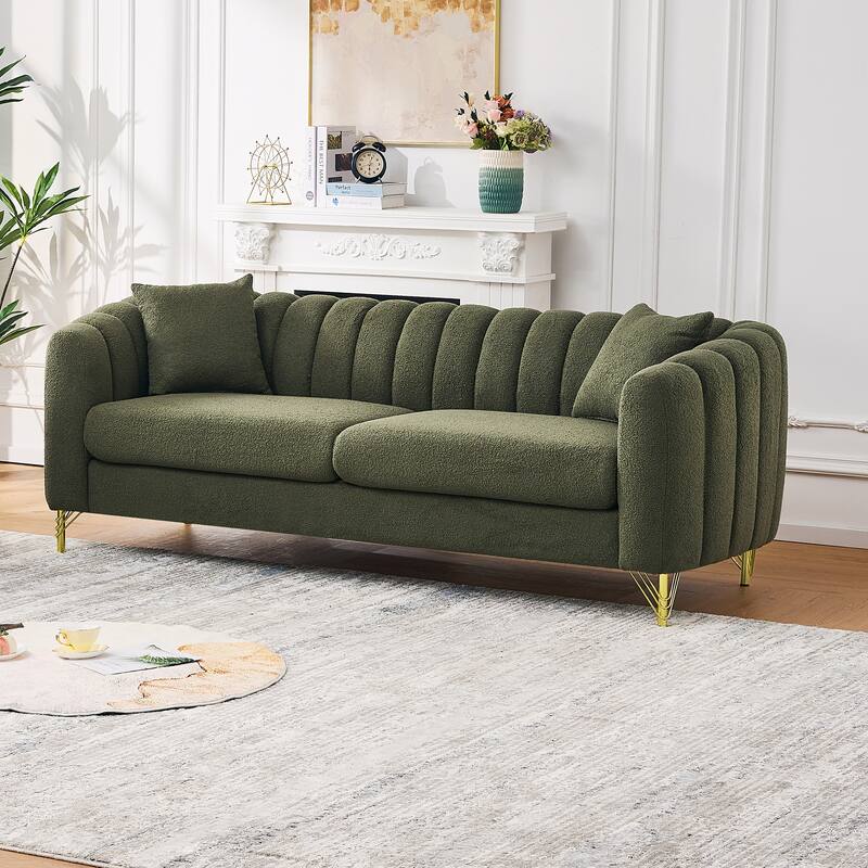 Oversized Chenille Boneless Sofa, Tufted Upholstered Couch with 2 Throw Pillows, 3 Seater Sofa with Metal Legs - Green