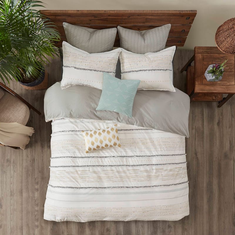 INK+IVY Nea Cotton Printed Duvet Cover Set with Trims