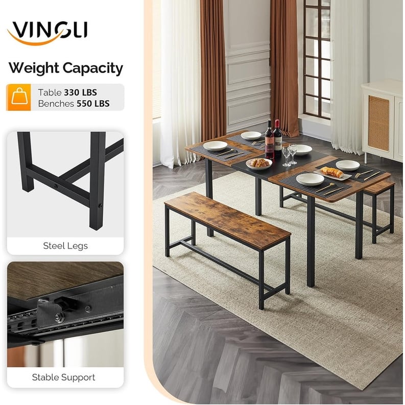 3 - Piece Expandable Dining Set,One Table With Two Benches