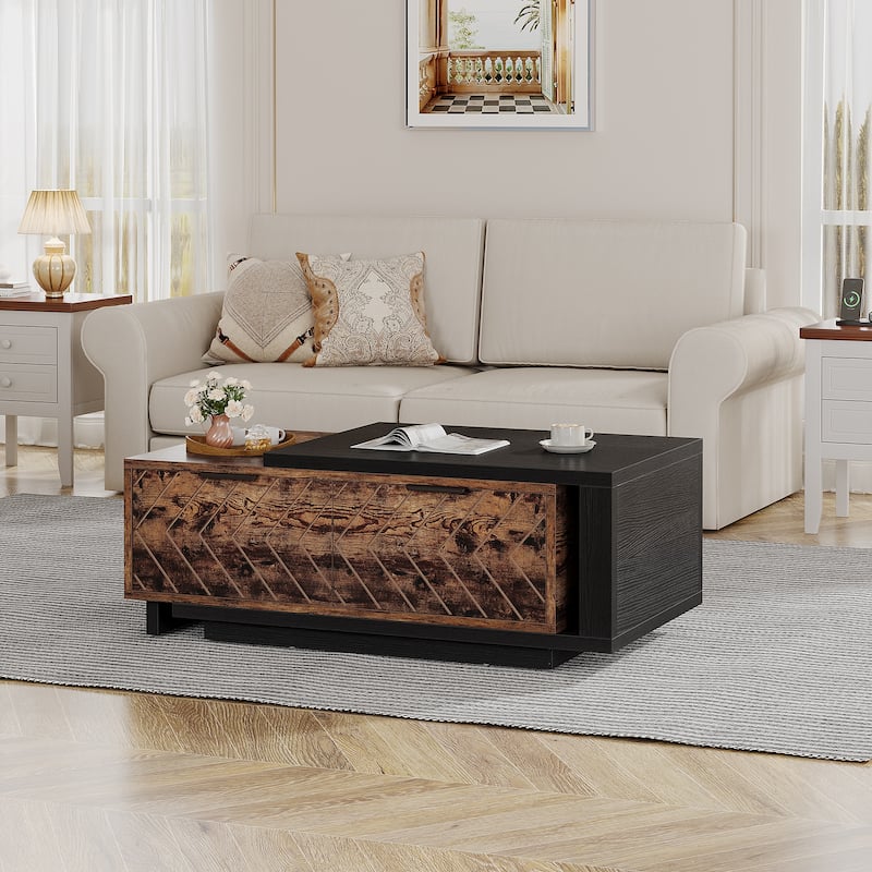 Extendable Coffee Table with 2-drawer and Wood Sliding Tabletop for Living Room
