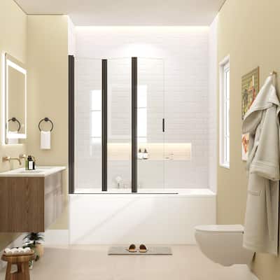 Foldable Hinged Pivot Tub Door in Matte Black with Clear Tempered Glass