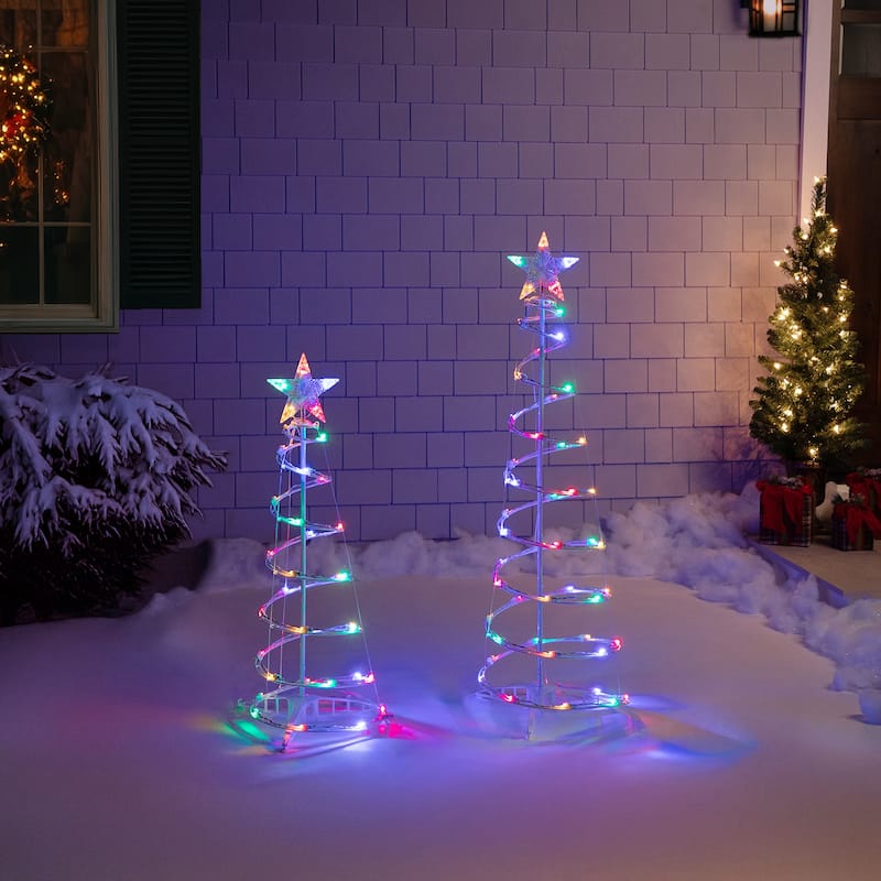 Set of 2 LED Lighted Multi-Color Outdoor Spiral Christmas Cone Trees 3' 4'