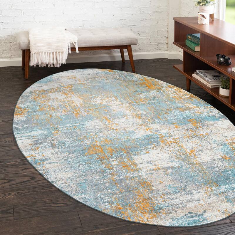 Contemporary Laka Collection Area Rug - Cream Blue - 3'3"x5'3" Oval