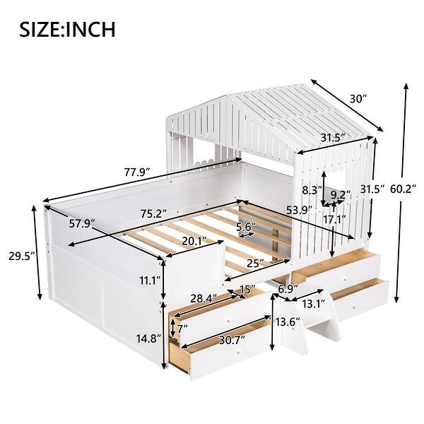 dimension image slide 0 of 2, Full Size House Low Loft Bed with 4 Storage Drawers, Sturdy Pine Wood Bedframe with Full-Length Guardrails for Kids Bedroom