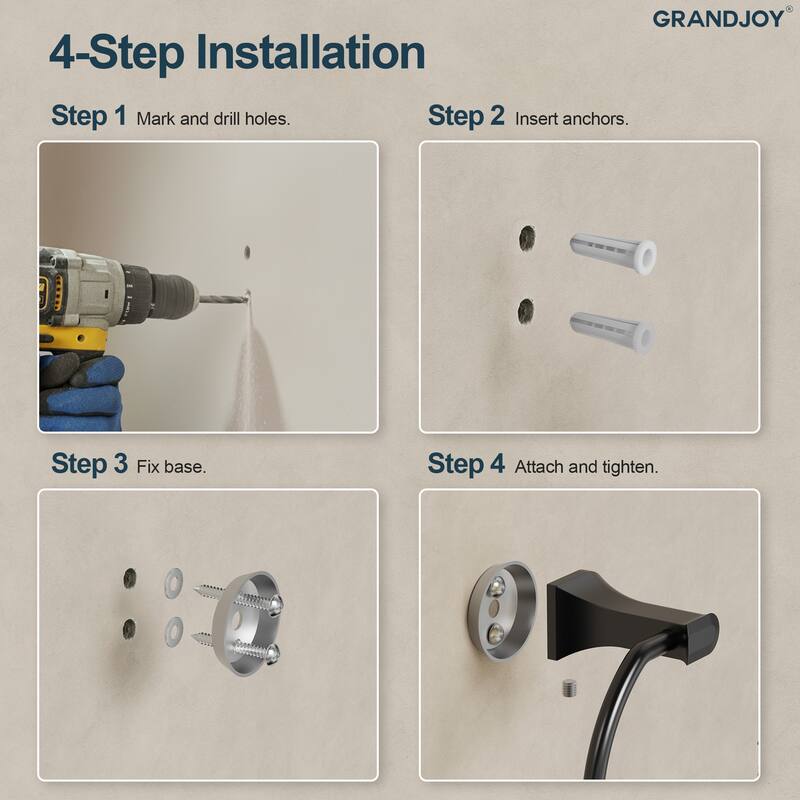 GRANDJOY 4-Piece Stainless Steel Bathroom Hardware Set with Wall Mount Double Towel Bar