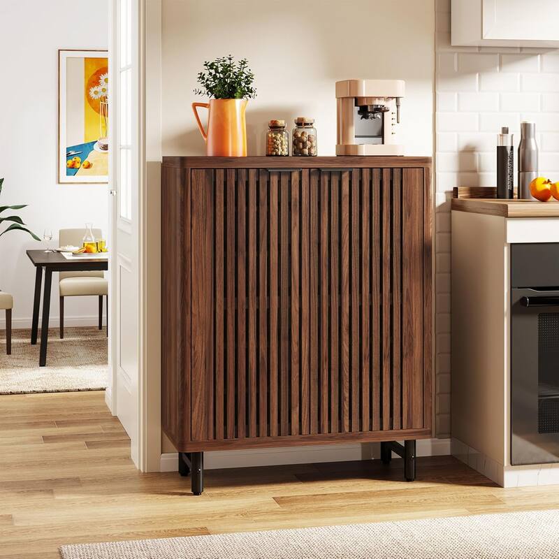 6-Tier Bathroom Floor Cabinet 2 Shutter Doors Adjustable Shelves Wooden Storage Sideboard for Kitchen/Living Room