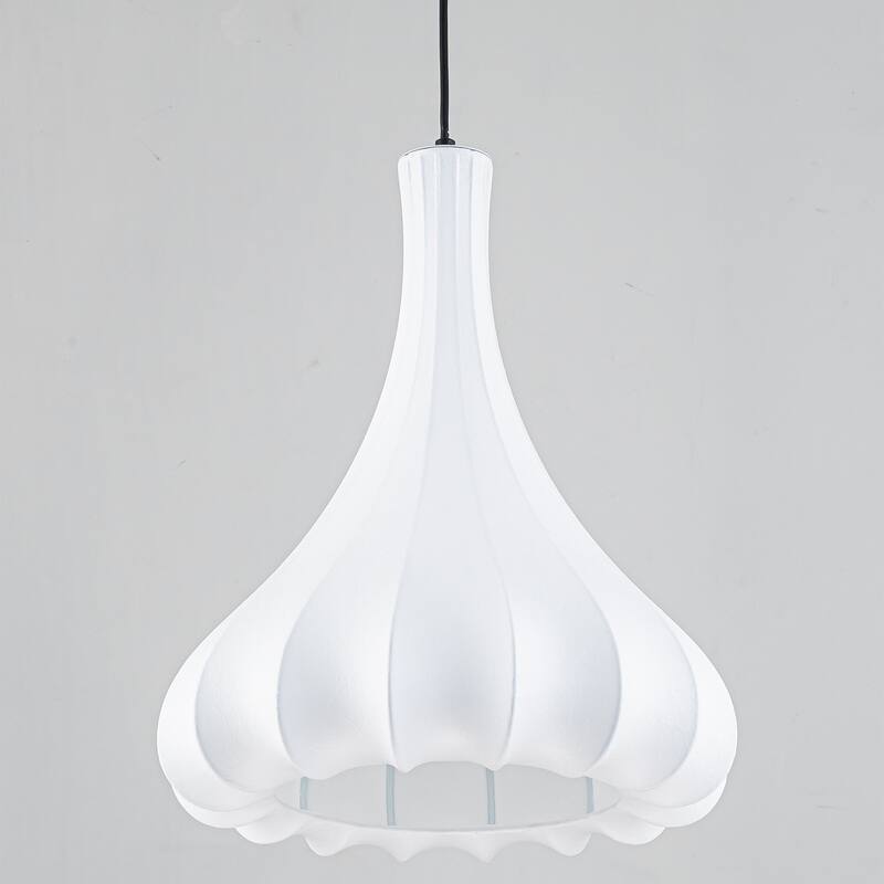 White Fluted Bell Fabric Pendant Light for Bedroom & Living Room - Dia.13.78-in