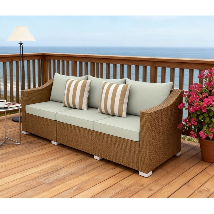 GDFStudio Outdoor Leocadia Steel PE Rattan Outdoor 3-Seater Sofa with Cushions and Throw Pillows - Light Gray+Natural Wood