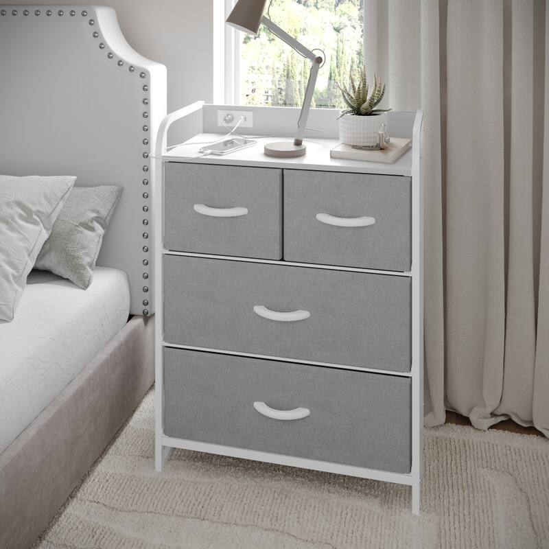 4 Fabric Drawer Nightstand with 2 USB Port/1 Outlet Charging Station