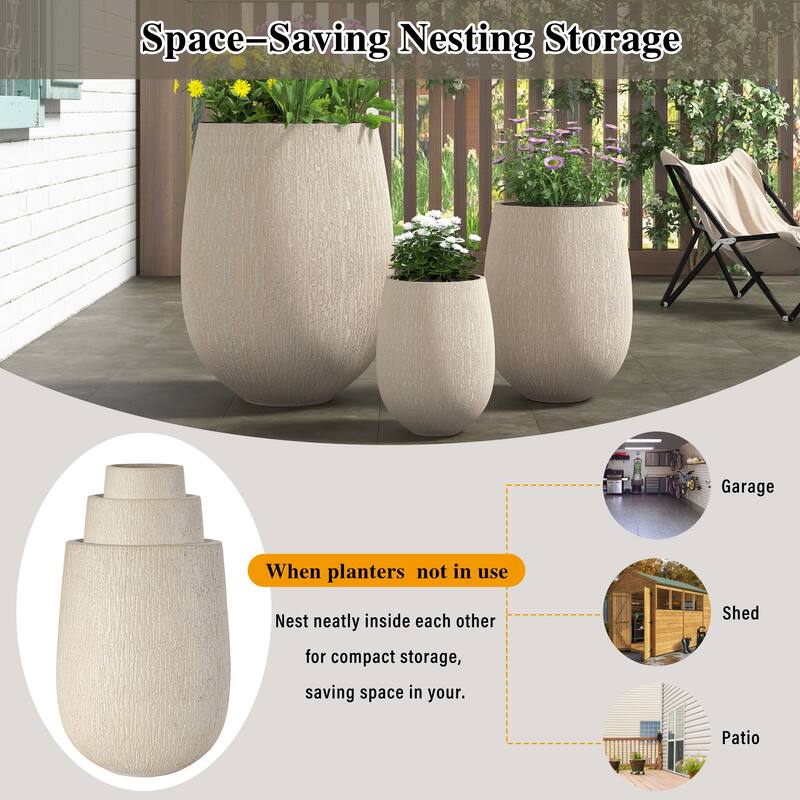Egg-Shaped Lightweight MGO Outdoor Planter Set of 3,Modern Stone-Look Textured Flower Pots with Drainage Holes and Rubber Plug