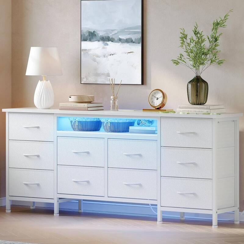 63 Inch Long Dresser TV Stand with 10 Fabric Drawers for 65-75 Inch TVs - White